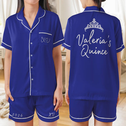 Quinceañera Pajama set, Mis Quince Años, Quinceanera PJs Short Sleeve PJ with shorts Satin Pajamas