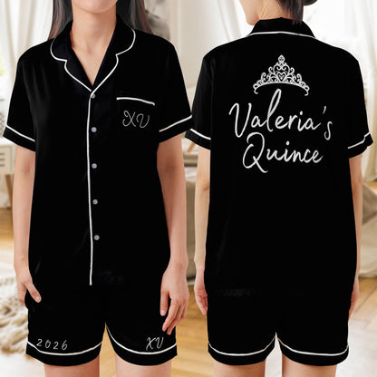 Quinceañera Pajama set, Mis Quince Años, Quinceanera PJs Short Sleeve PJ with shorts Satin Pajamas