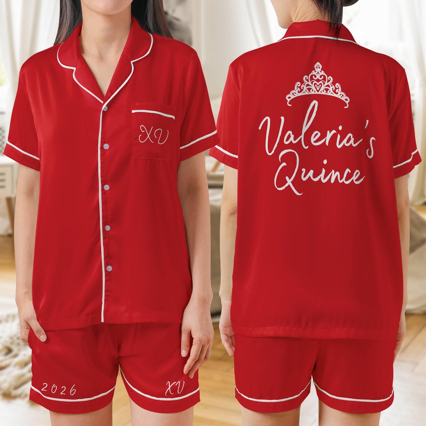 Quinceañera Pajama set, Mis Quince Años, Quinceanera PJs Short Sleeve PJ with shorts Satin Pajamas