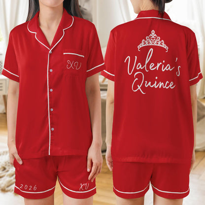 Quinceañera Pajama set, Mis Quince Años, Quinceanera PJs Short Sleeve PJ with shorts Satin Pajamas