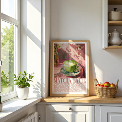 Matcha Latte Art Print, Green Tea Wall Decor, Calm Café Vibes Poster, Aesthetic Matcha Kitchen Print, Retro Whimsical Wellness Wall Art