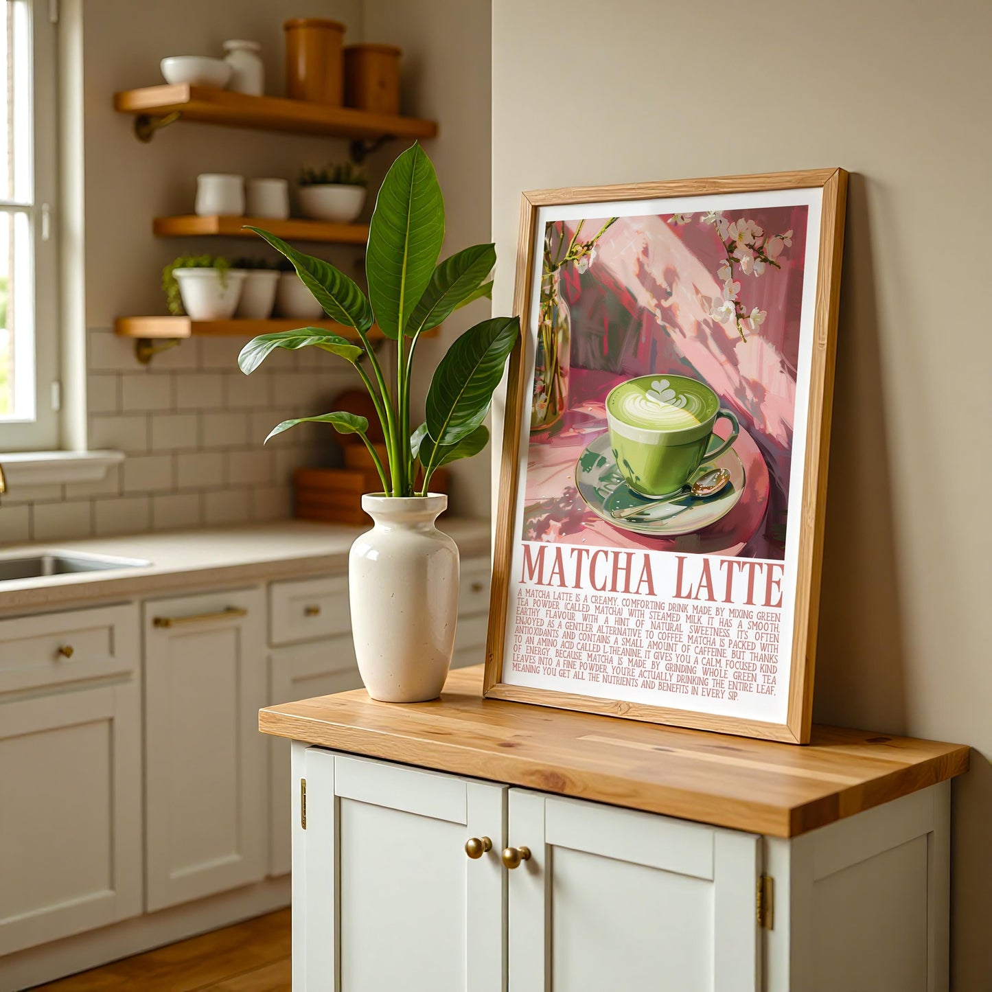 Matcha Latte Art Print, Green Tea Wall Decor, Calm Café Vibes Poster, Aesthetic Matcha Kitchen Print, Retro Whimsical Wellness Wall Art