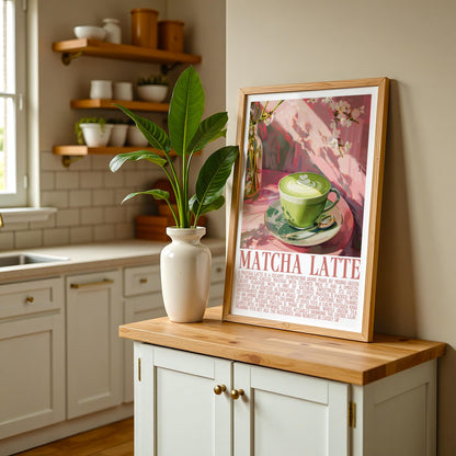 Matcha Latte Art Print, Green Tea Wall Decor, Calm Café Vibes Poster, Aesthetic Matcha Kitchen Print, Retro Whimsical Wellness Wall Art