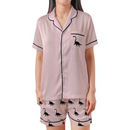 Loch Ness Pajama Set Short Sleeves, Nessie Woman's Pink Satin Pajama Short Sleeve