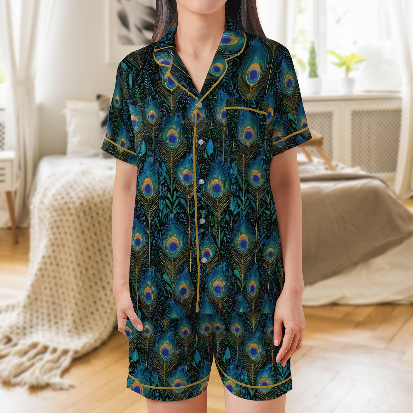 Peacock Pajama Set Short Sleeves, Peacock Feathers Woman's Satin Pajama Short Sleeve