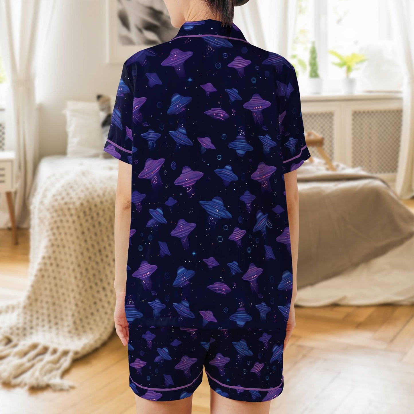 UFO Pajama Set Short Sleeves, Alien Woman's Satin Pajama Short Sleeve