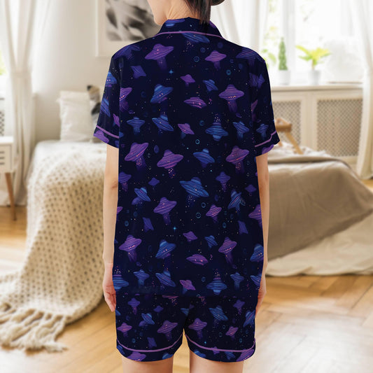 UFO Pajama Set Short Sleeves, Alien Woman's Satin Pajama Short Sleeve