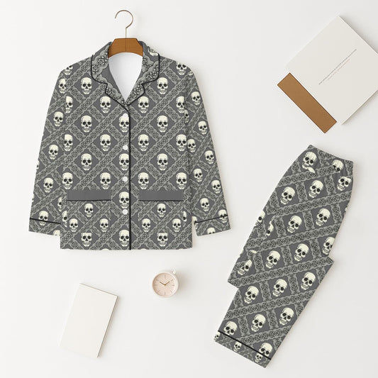 Skull Pajama Set, Gothic Halloween Sleepwear, Dark Academia Pyjamas, Cozy Nightwear, Horror Holiday Gift, Halloween Pattern Matching Set