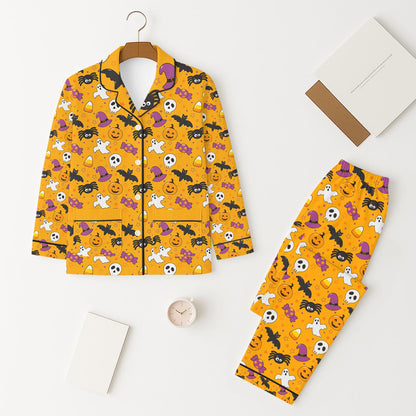 Cute Halloween Women Pajamas Set, Ghost Pumpkin Bat Spider Candy Witch Hat Sleepwear, Spooky Season Pyjamas, Fall Season Long Sleeve Shirt