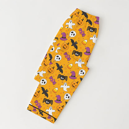 Cute Halloween Women Pajamas Set, Ghost Pumpkin Bat Spider Candy Witch Hat Sleepwear, Spooky Season Pyjamas, Fall Season Long Sleeve Shirt