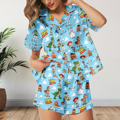 Toy Story Satin Pajamas Shorts Set, Pixar Characters Sleepwear, Women's Summer Lounge PJs, Cute Buzz and Woody Gift Set