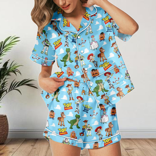 Toy Story Satin Pajamas Shorts Set, Pixar Characters Sleepwear, Women's Summer Lounge PJs, Cute Buzz and Woody Gift Set