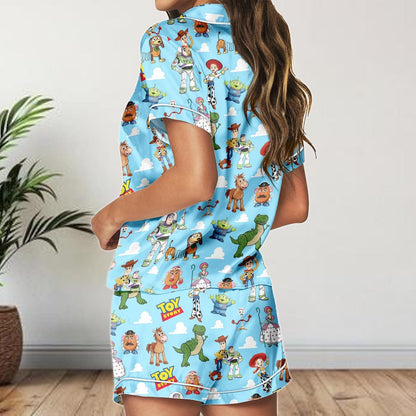 Toy Story Satin Pajamas Shorts Set, Pixar Characters Sleepwear, Women's Summer Lounge PJs, Cute Buzz and Woody Gift Set