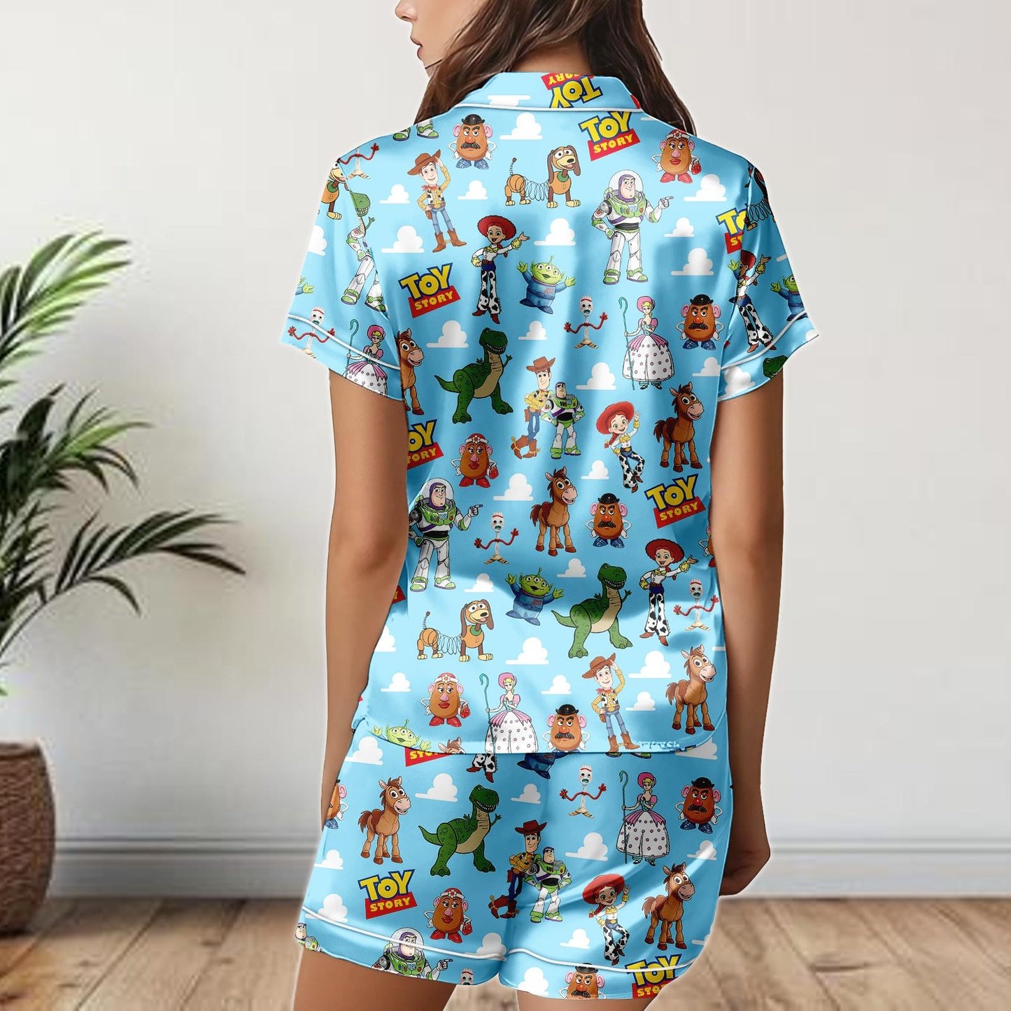 Toy Story Satin Pajamas Shorts Set, Pixar Characters Sleepwear, Women's Summer Lounge PJs, Cute Buzz and Woody Gift Set