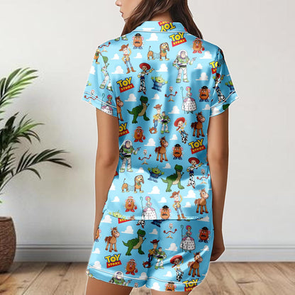 Toy Story Satin Pajamas Shorts Set, Pixar Characters Sleepwear, Women's Summer Lounge PJs, Cute Buzz and Woody Gift Set