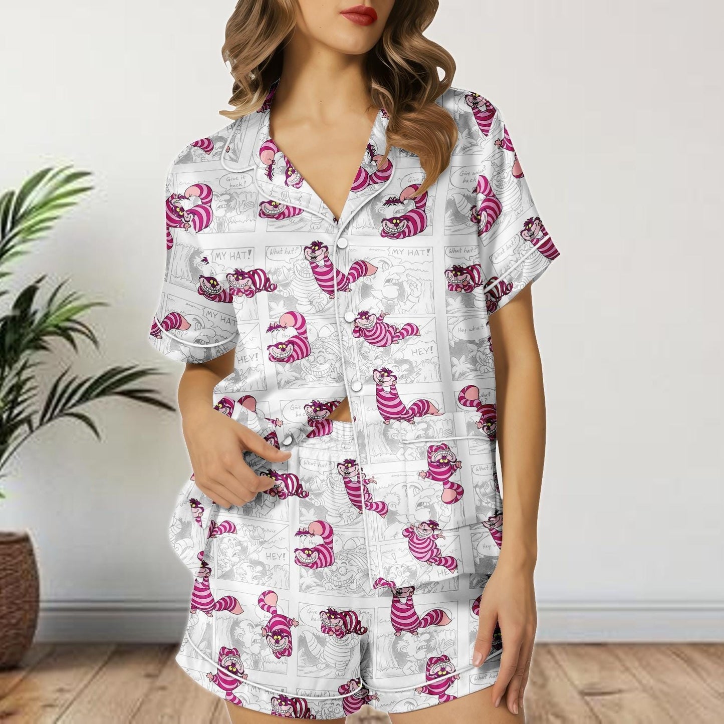 Cheshire Cat Comic Satin Pajamas Shorts, Alice in Wonderland Sleepwear, Funny Cartoon Satin PJs, Women's Lounge Set Gift