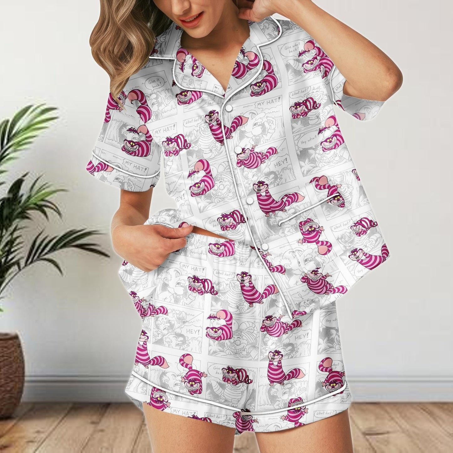 Cheshire Cat Comic Satin Pajamas Shorts, Alice in Wonderland Sleepwear, Funny Cartoon Satin PJs, Women's Lounge Set Gift