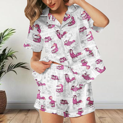 Cheshire Cat Comic Satin Pajamas Shorts, Alice in Wonderland Sleepwear, Funny Cartoon Satin PJs, Women's Lounge Set Gift