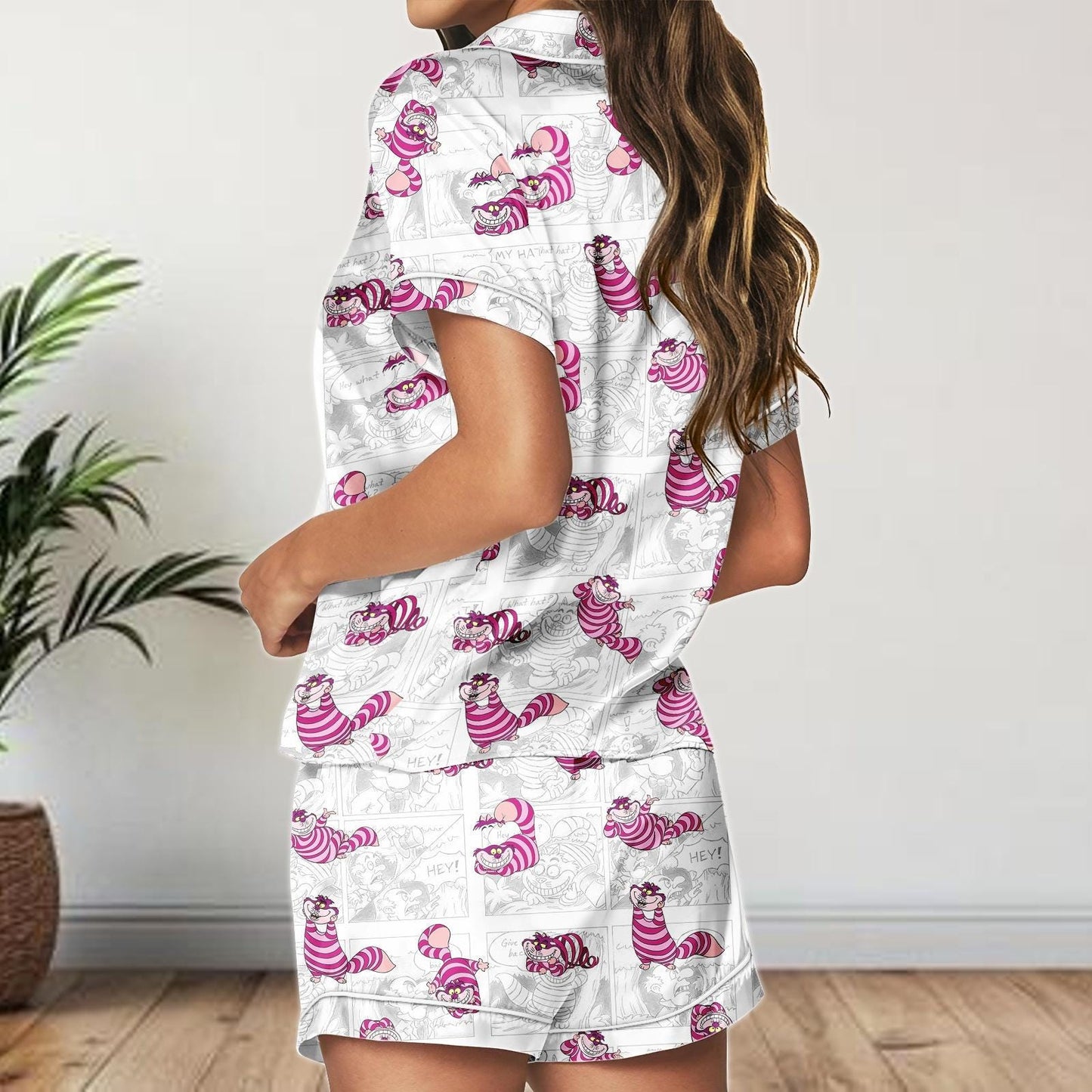 Cheshire Cat Comic Satin Pajamas Shorts, Alice in Wonderland Sleepwear, Funny Cartoon Satin PJs, Women's Lounge Set Gift
