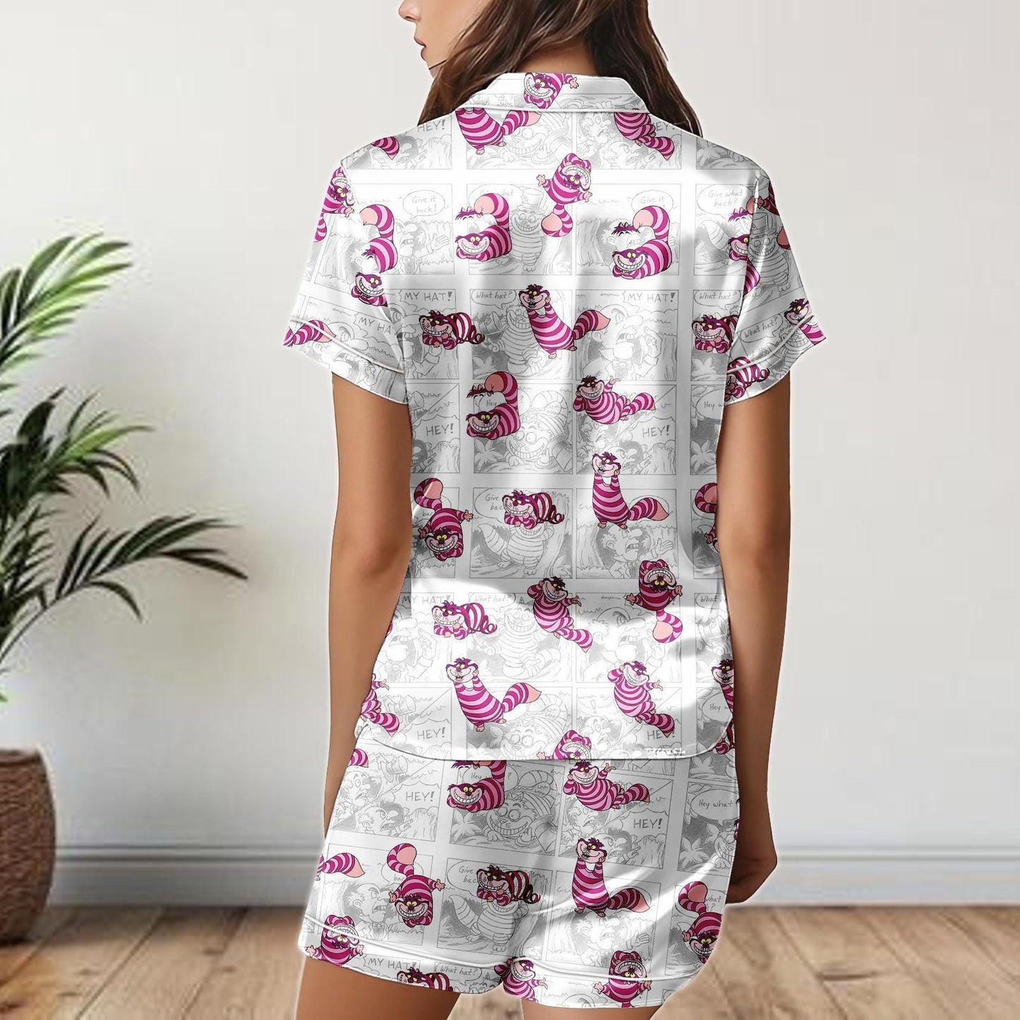 Cheshire Cat Comic Satin Pajamas Shorts, Alice in Wonderland Sleepwear, Funny Cartoon Satin PJs, Women's Lounge Set Gift