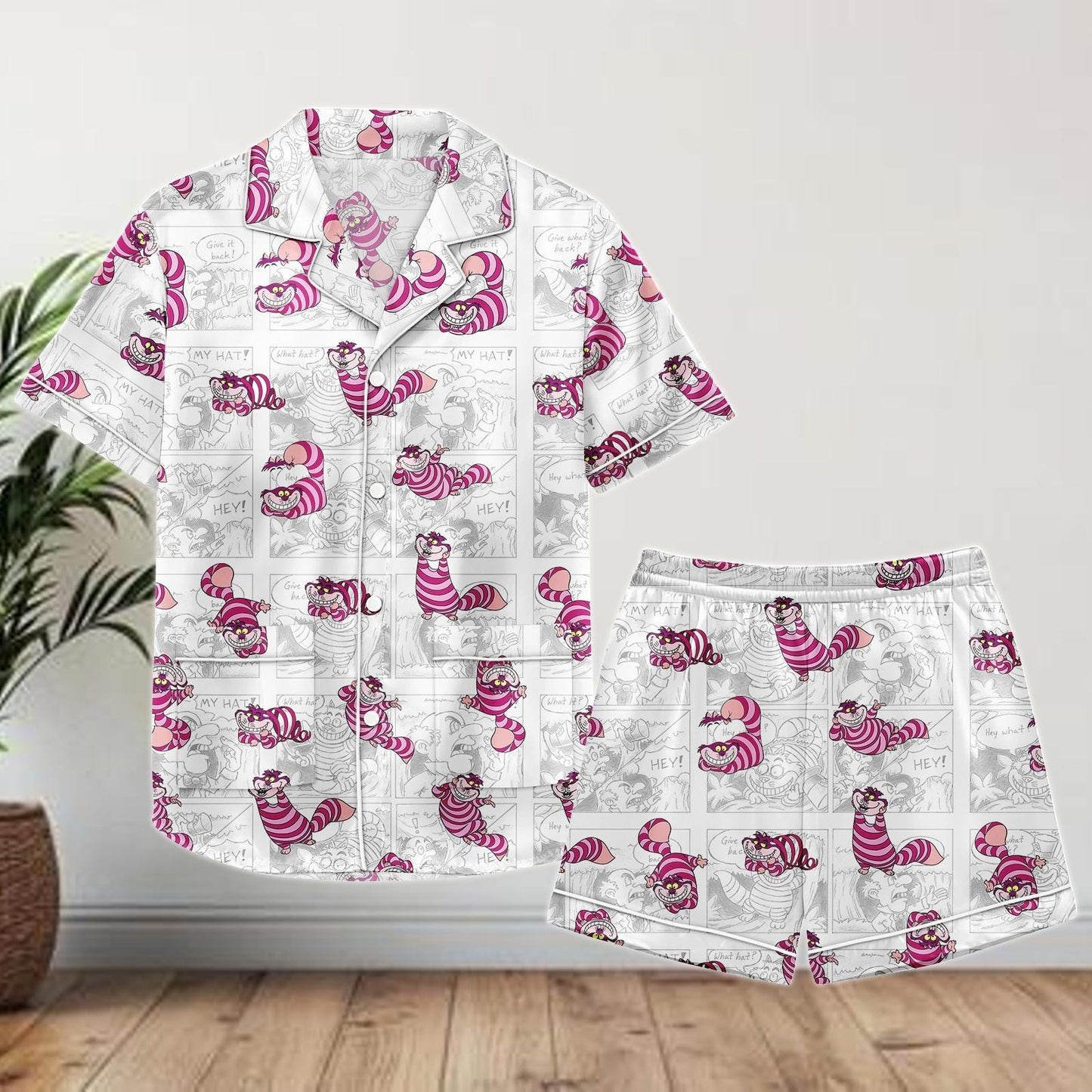 Cheshire Cat Comic Satin Pajamas Shorts, Alice in Wonderland Sleepwear, Funny Cartoon Satin PJs, Women's Lounge Set Gift