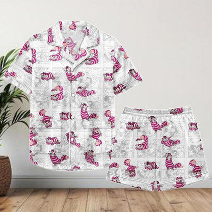 Cheshire Cat Comic Satin Pajamas Shorts, Alice in Wonderland Sleepwear, Funny Cartoon Satin PJs, Women's Lounge Set Gift