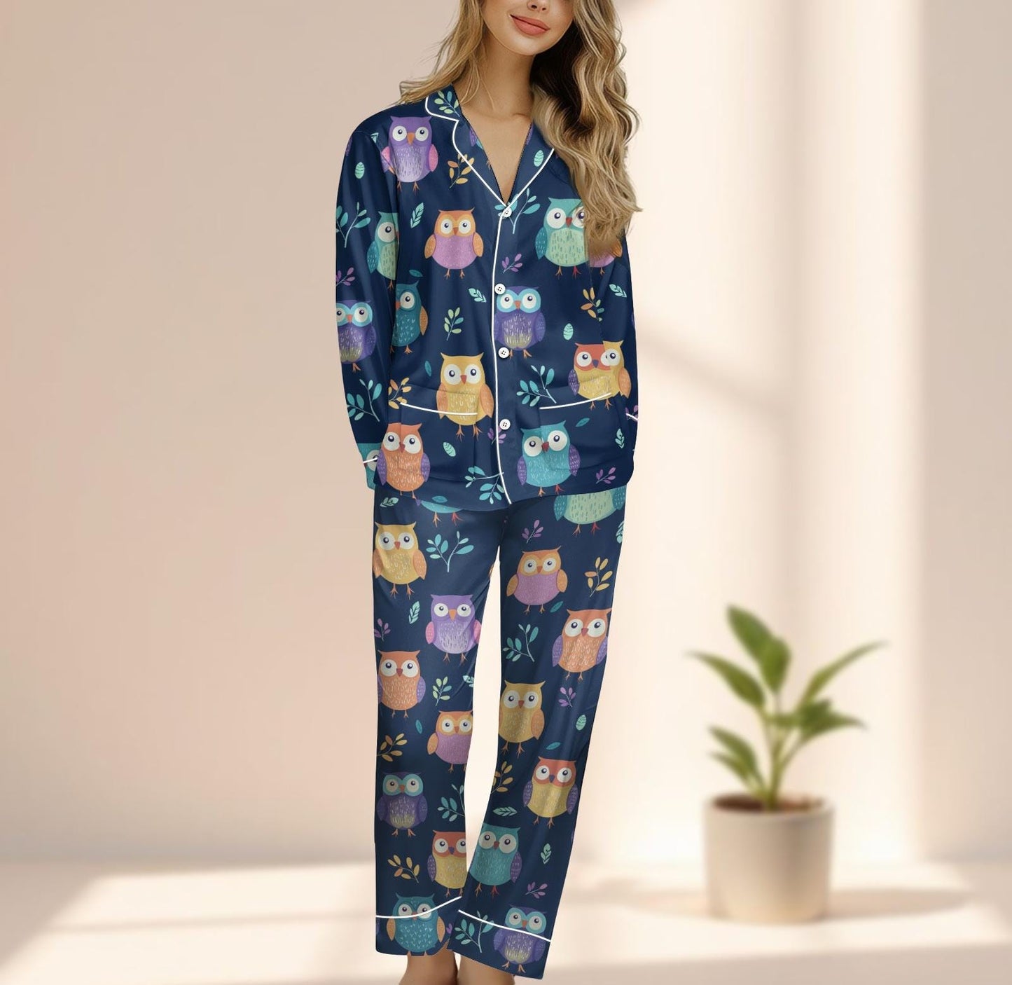 Colorful Owl Satin Pajama Set, Cute Animal Sleepwear, Navy Long Pants Matching Pjs, Funny Bird Lover Loungewear, Cozy Gift For Her