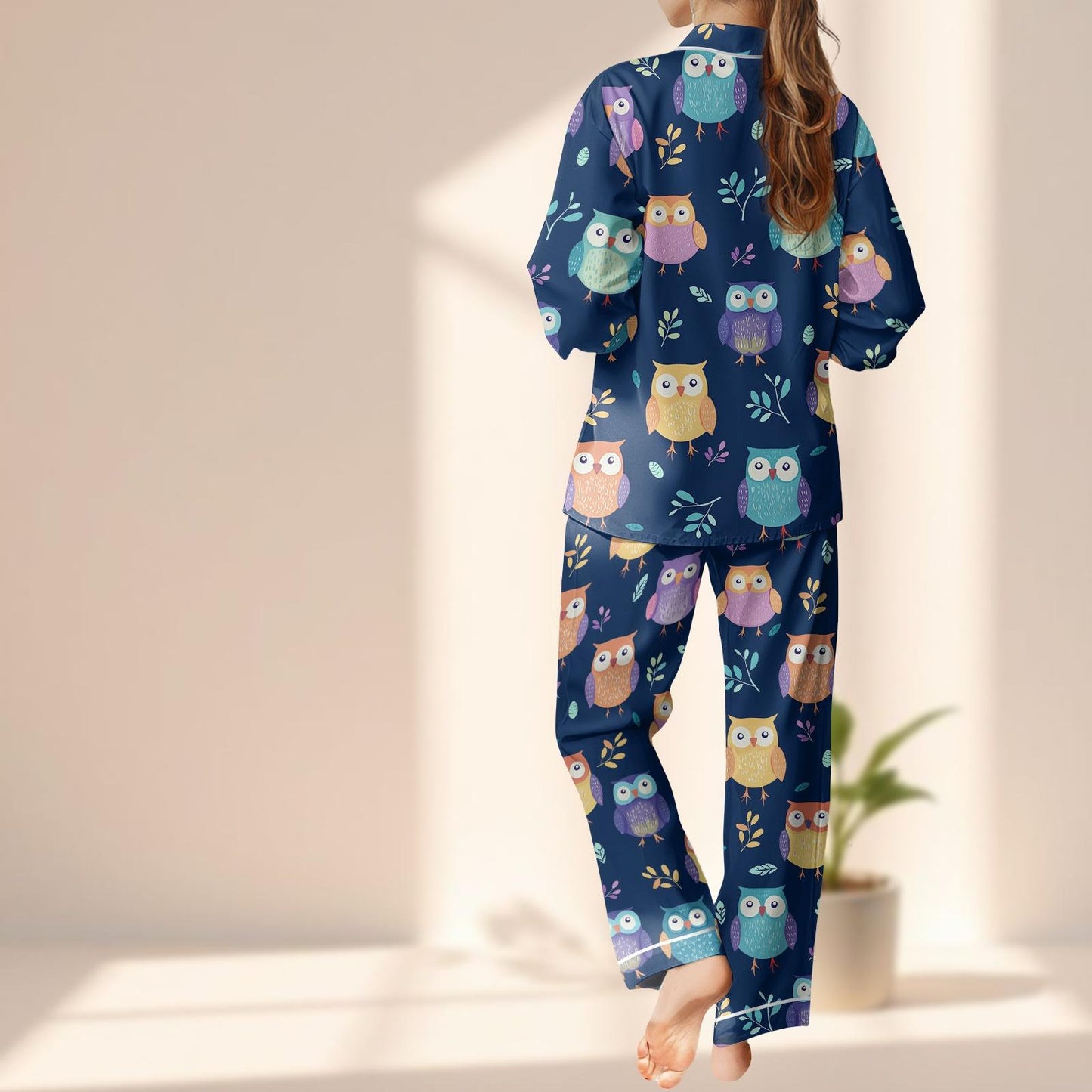 Colorful Owl Satin Pajama Set, Cute Animal Sleepwear, Navy Long Pants Matching Pjs, Funny Bird Lover Loungewear, Cozy Gift For Her