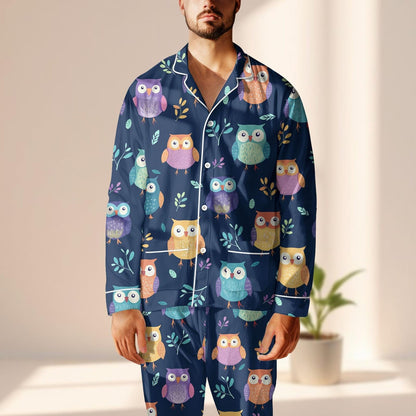 Colorful Owl Satin Pajama Set, Cute Animal Sleepwear, Navy Long Pants Matching Pjs, Funny Bird Lover Loungewear, Cozy Gift For Her