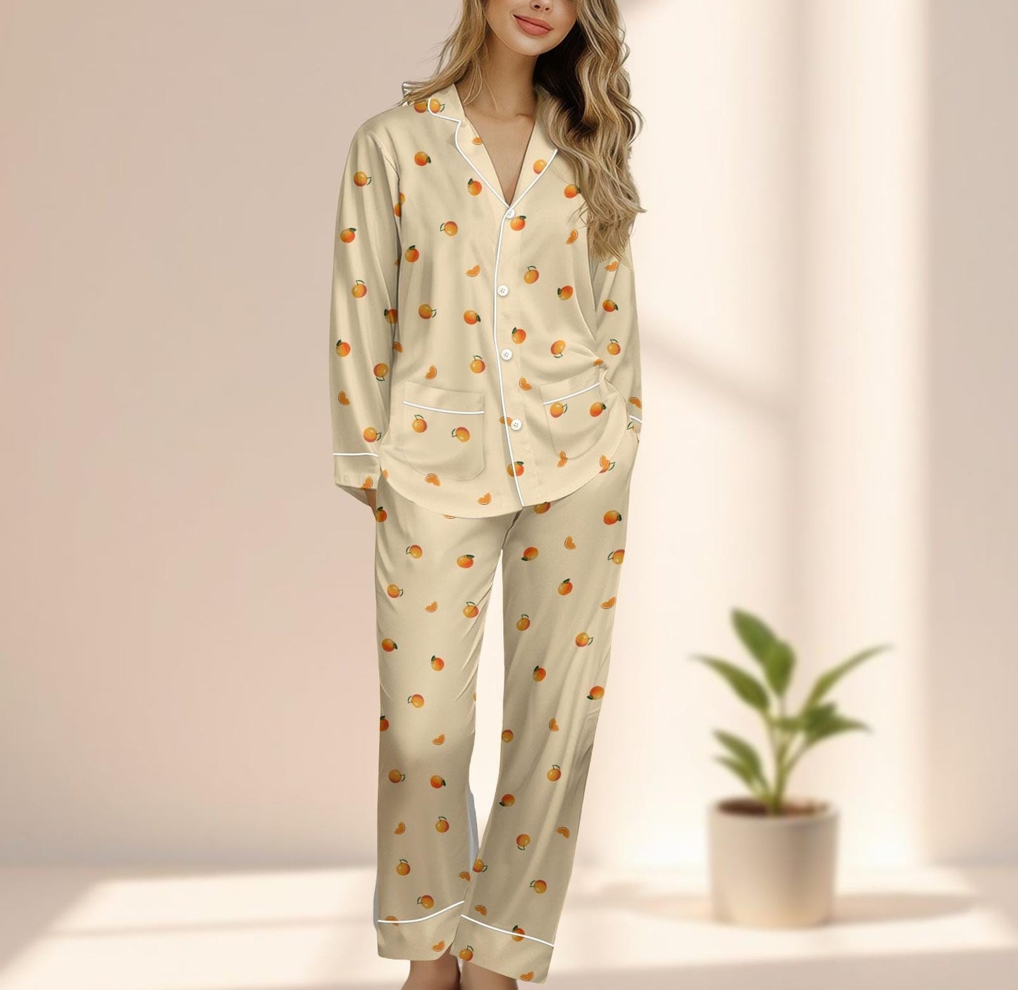 Orange Satin Pajama Set, Cute Fruit Women Sleepwear, Cream Long Pants Pjs, Kawaii Loungewear, Soft Cozy Summer Set, Funny Gift