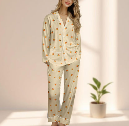 Orange Satin Pajama Set, Cute Fruit Women Sleepwear, Cream Long Pants Pjs, Kawaii Loungewear, Soft Cozy Summer Set, Funny Gift