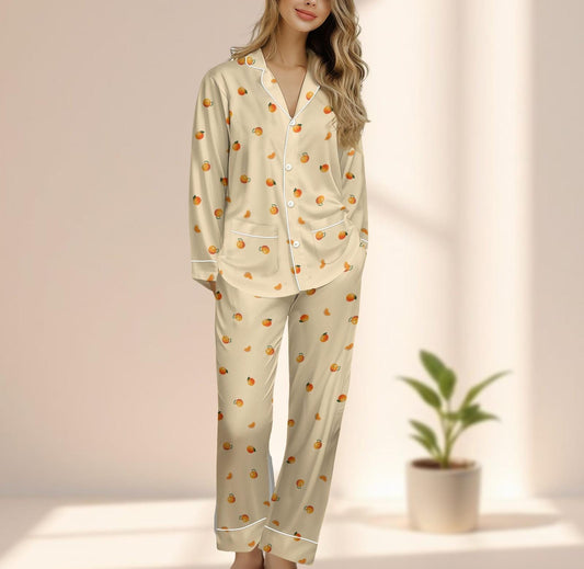 Orange Satin Pajama Set, Cute Fruit Women Sleepwear, Cream Long Pants Pjs, Kawaii Loungewear, Soft Cozy Summer Set, Funny Gift