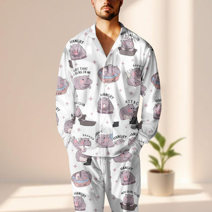 Moo Deng Satin Pajama Set, Hangry Hippo Club Sleepwear, Cute Animal Cartoon Pjs, Funny Cozy Matching Pj Set, Birthday Gift For Her