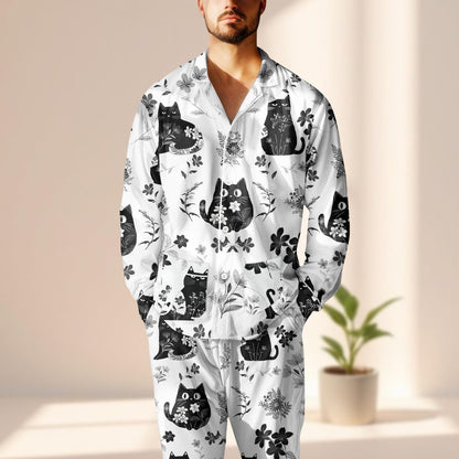 Black Cat Satin Pajama Set, Cute Animal Sleepwear, Pet Lovers Long Pants Loungewear, Witchy Cat Lover Pjs, Cozy Nightwear Set Gift