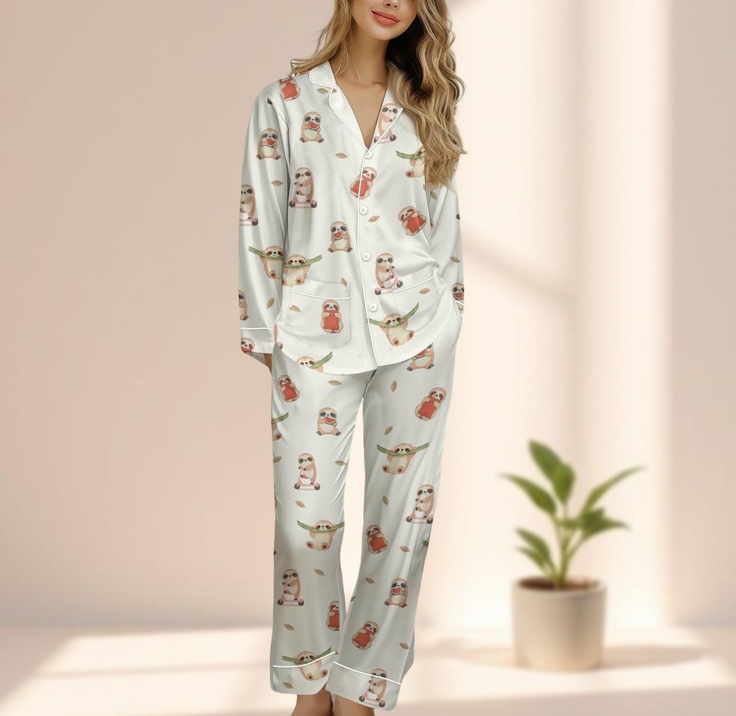 Sloth Satin Pajama Set, Animal Lovers Cozy Pj Set, Cute Kawaii Women Loungewear, Funny Long Pants Sleepwear, Birthday Gift For Her