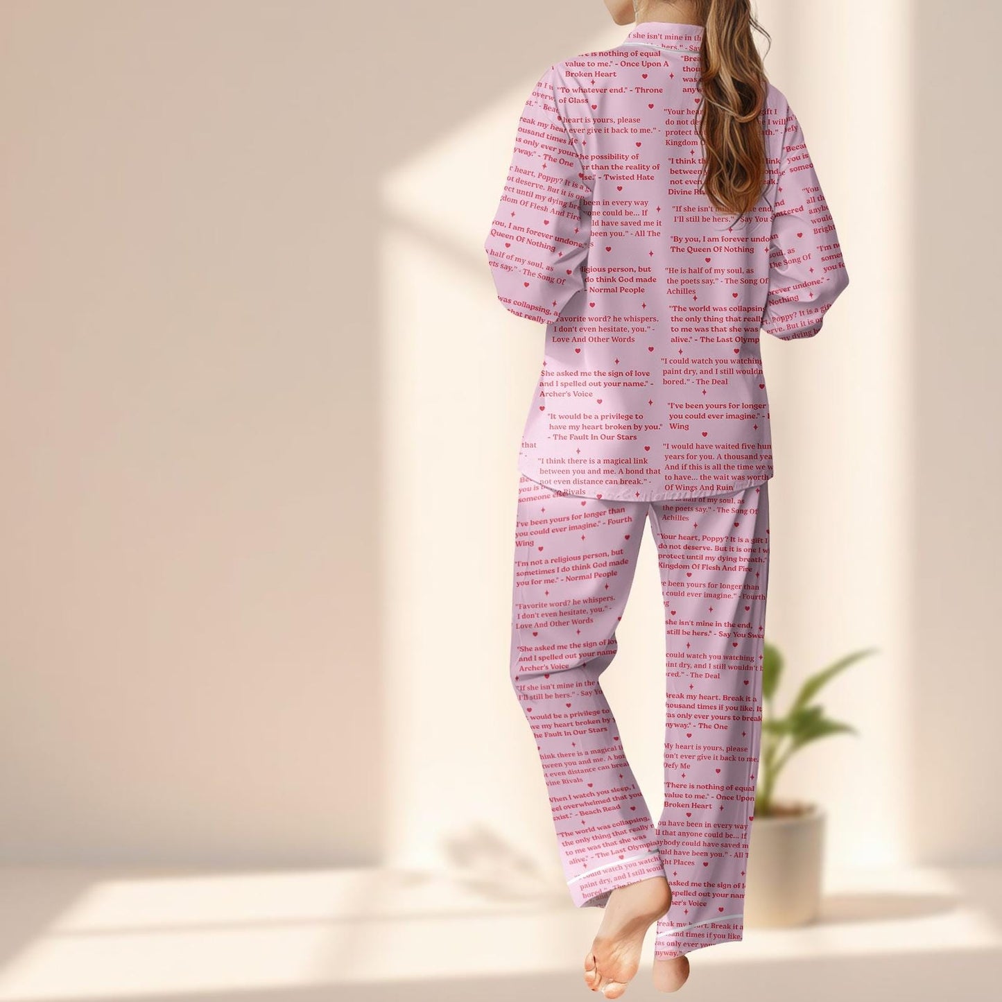 I Love You In Books Satin Pajama Set, Pink Literary Quote Sleepwear For Women, Cozy Reading Nightwear Pjs, Book Lovers Gift