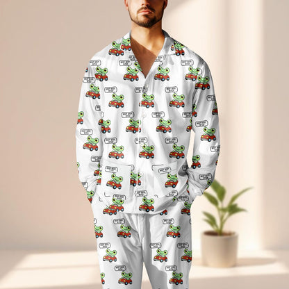 Frog Car Satin Pajama Set, Beep Beep Women Sleepwear, Cute Kawaii Cartoon Pjs, Whimsical Animal Pj Set, Cozy Loungewear, Funny Gift