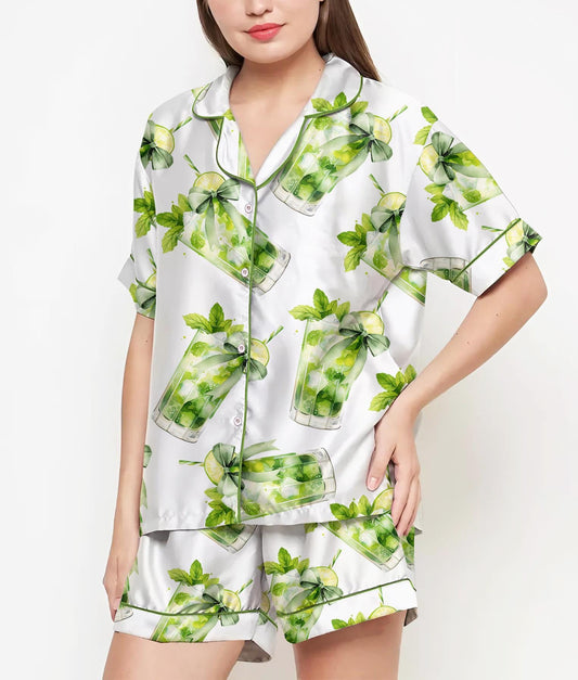 Coquette Mojito Pajamas Satin Set, Cocktails Shirt, Mother's Day Gift, Birthday Gift,Pjs For Women, Bridesmaid Gifts, Bachelorette