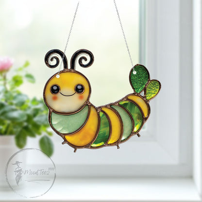Faux Stained Glass Caterpillar Window Hanging - Cute Acrylic Bug Sun Catcher for Kids Room, Garden or Nature Gift Nursery Decor