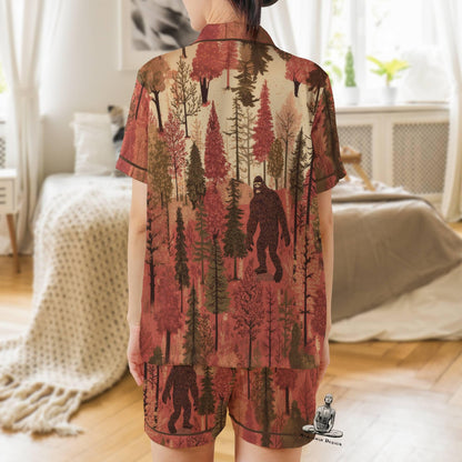 Bigfoot Pajama Set Short Sleeves, Sasquatch Woman's Satin Pajama Short Sleeve Shorts Big foot Gift