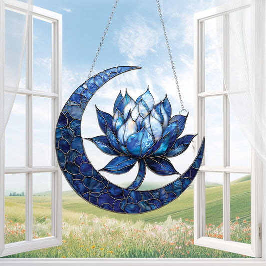 Blue Lotus Moon Acrylic Window Hanging, Meditation Room Decor or Mindful Gift, Lotus Flowers Ornament, Birthday gift, Gift for Garden Lovers
