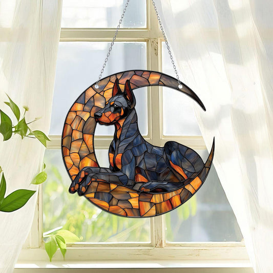 Doberman on Cresent Moon ACRYLIC Window Hanging, Dog Lover Gift, Dog mom gift, Remembrance gift, Loss Of Pet Gift, Doberman Dog Owner Gift