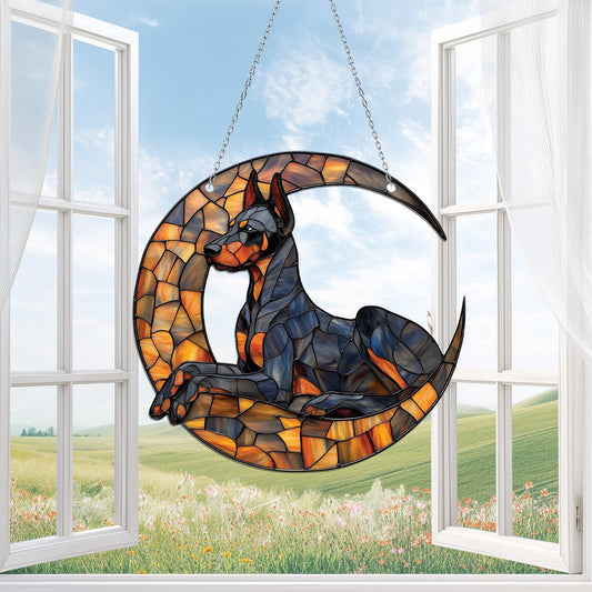 Doberman on Cresent Moon ACRYLIC Window Hanging, Dog Lover Gift, Dog mom gift, Remembrance gift, Loss Of Pet Gift, Doberman Dog Owner Gift
