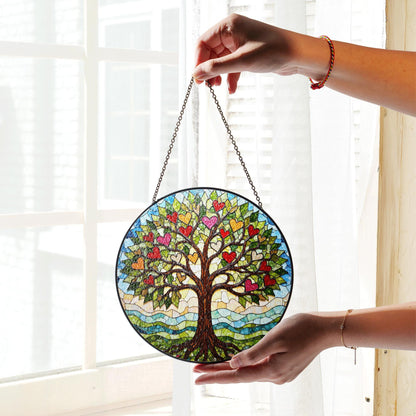 Tree of hearts stained glass round suncatcher window hanging gift for mom or loved ones