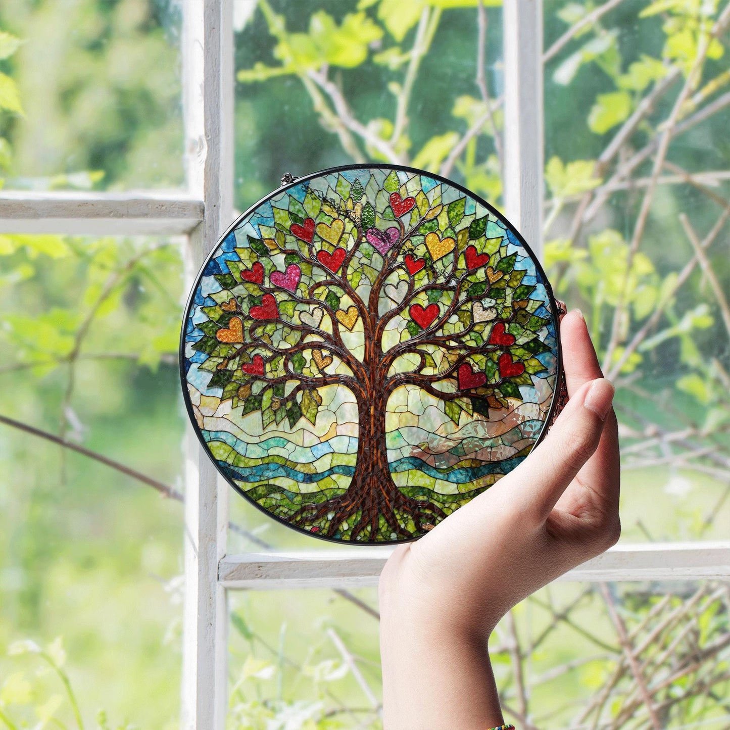 Tree of hearts stained glass round suncatcher window hanging gift for mom or loved ones