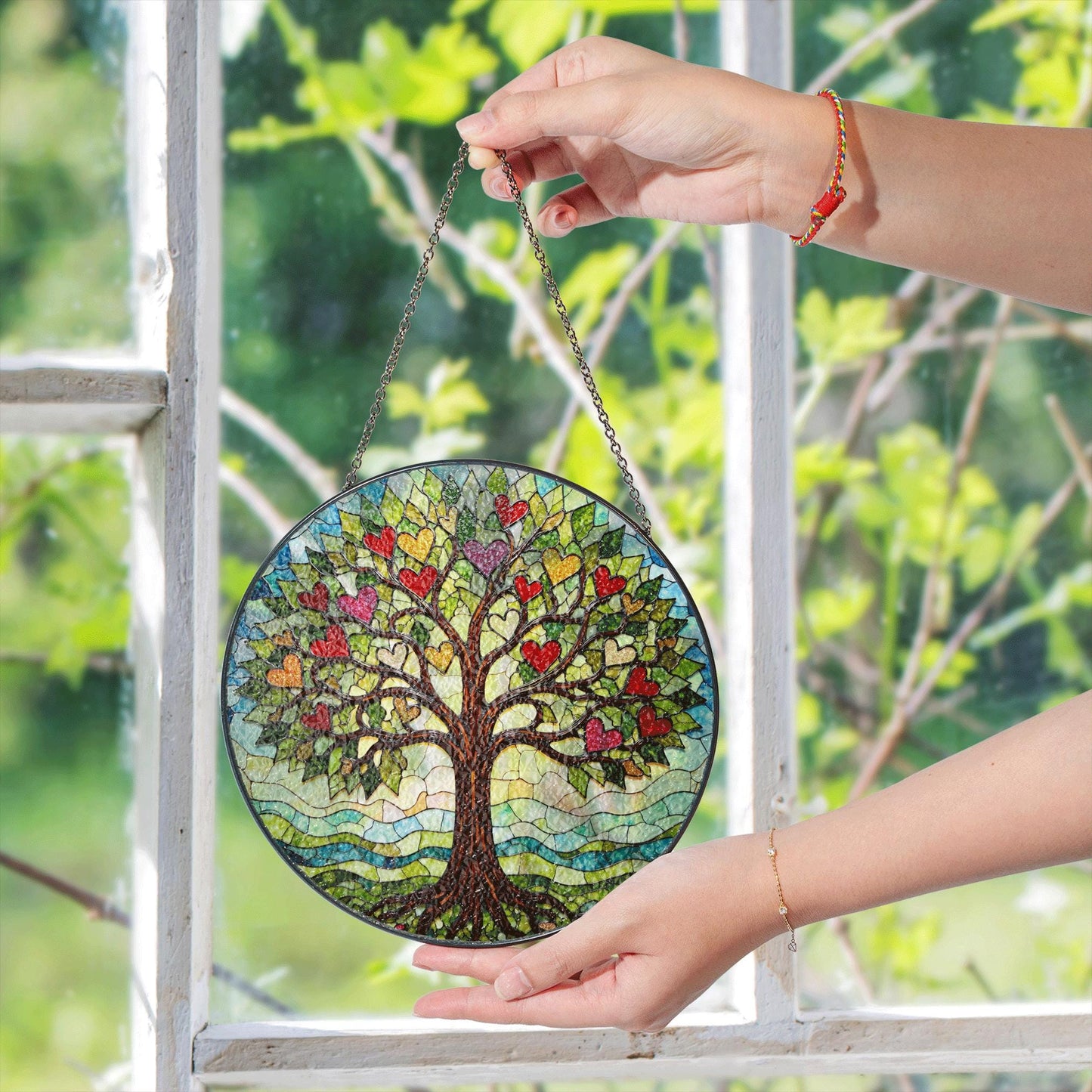 Tree of hearts stained glass round suncatcher window hanging gift for mom or loved ones