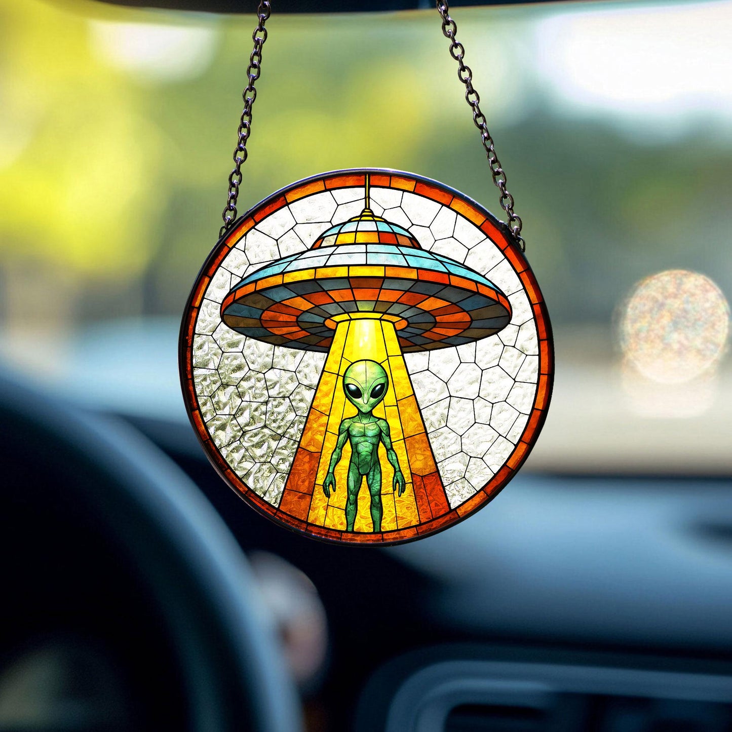 Alien UFO Abduction Stained Glass Suncatcher, UFO Wall Art, Cryptid Hanging Home Decoration, Alien Cryptozoology Decor, Spaceship Decor