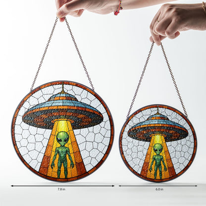 Alien UFO Abduction Stained Glass Suncatcher, UFO Wall Art, Cryptid Hanging Home Decoration, Alien Cryptozoology Decor, Spaceship Decor