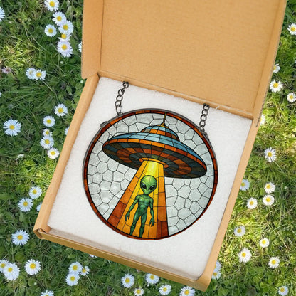 Alien UFO Abduction Stained Glass Suncatcher, UFO Wall Art, Cryptid Hanging Home Decoration, Alien Cryptozoology Decor, Spaceship Decor