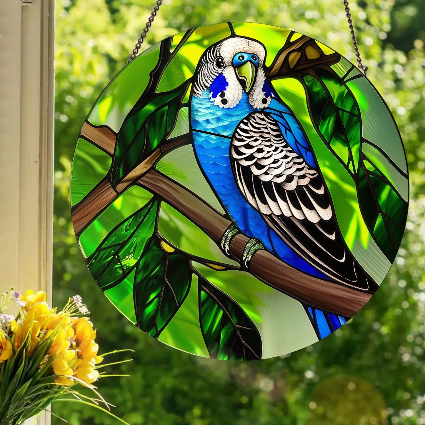 Blue Parakeet: Stained Glass Style Window Hanging